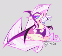 Size: 1921x1749 | Tagged: safe, artist:almonthic, derpibooru import, angel bunny, fluttershy, bat pony, pony, rabbit, g4, alternate universe, angel bunny is not amused, animal, armor, bat ponified, blue sclera, colored pupils, colored sclera, crossed arms, duo, duo male and female, ears, eternal night au (janegumball), fangs, female, floppy ears, flutterbat, frown, gray background, lying down, male, mare, nightmare fluttershy, nightmare takeover timeline, nightmarified, partially open wings, peytral, prone, race swap, scruff, signature, simple background, slit eyes, unamused, wings