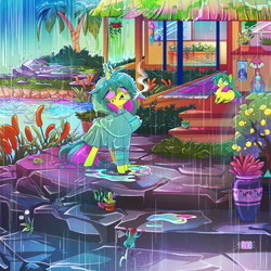 Size: 1000x1000 | Tagged: safe, artist:ayyolilikoi, derpibooru import, oc, oc only, oc:bed head, frog, pony, unicorn, blunt, drugs, duo, female, horn, mare, marijuana, rain, raincoat, smoking, water