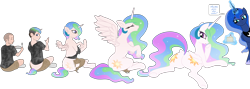 Size: 9132x3266 | Tagged: safe, artist:axiomtf, artist:redpaladin, derpibooru import, princess celestia, princess luna, oc, alicorn, human, pony, g4, absurd resolution, butt, cake, cakelestia, dialogue, eating, food, growth, human oc, human to pony, levitation, looking back, lying down, magic, magic aura, male to female, non-mlp oc, plate, plot, prone, rule 63, simple background, species swap, speech bubble, spoon, telekinesis, transformation, transformation sequence, transgender transformation, transparent background