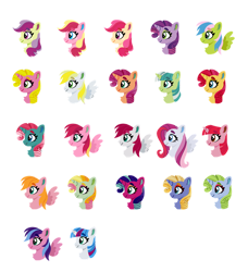 Size: 750x821 | Tagged: safe, artist:shadowbluebrownine, derpibooru import, apple bumpkin, berry punch, berryshine, forsythia, golden delicious, junebug, sapphire shores, earth pony, pegasus, unicorn, g4, apple family member, beanbrows, bitta luck, blind bag, breezie (g4), breezie flora, bust, chest fluff, cinnamon breeze (g4), colored pinnae, diamond rose, eyebrows, eyebrows visible through hair, female, flippity flop, flitterheart, freckles, gardenia glow, horn, island rainbow, lucky dreams, mare, ploomette, portrait, rainbow wishes, recolor, ribbon wishes, simple background, skywishes (g4), spread wings, sprinkle stripe, toy, toy interpretation, transparent background, unicorn berry punch, unicorn golden delicious, unicorn junebug, unicorn sapphire shores, wings