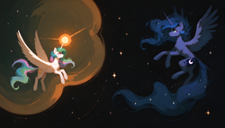 Size: 3840x2176 | Tagged: safe, ai content, artist:truekry, derpibooru import, princess celestia, princess luna, alicorn, pony, g4, ai composition, duo, duo female, female, generator:tponynai3, generator:wai-ani-nsfw-ponyxl, glowing, glowing horn, horn, royal sisters, siblings, sisters, space, spread wings, stars, wallpaper, wings