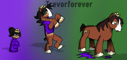 Size: 2221x1049 | Tagged: dead source, safe, artist:trevorforever, derpibooru import, trouble shoes, earth pony, human, pony, g4, age progression, child, clothes, clydesdale, gradient background, growth, human to pony, hypno eyes, male, older, species swap, sweater, torn clothes, transformation, transformation sequence