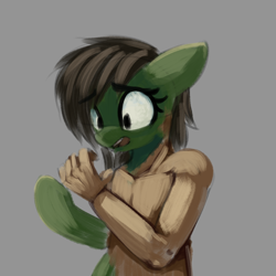 Size: 2000x2000 | Tagged: artist needed, safe, derpibooru import, oc, oc only, oc:anon filly, human, pony, /ptfg/, female, filly, foal, gray background, high res, human to pony, looking at self, mid-transformation, nudity, scared, simple background, solo, species swap, standing, transformation