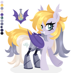 Size: 828x828 | Tagged: safe, artist:kabuvee, derpibooru import, oc, oc only, oc:shimmer fuse, bat pony, pony, amputee, bat pony oc, commission, cutie mark, ears, eyelashes, fangs, female, female oc, floppy ears, mare, mare oc, pony oc, prosthetics, reference sheet, simple background, slit eyes, smiling, solo, transparent background, watermark