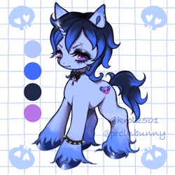 Size: 1200x1200 | Tagged: safe, artist:krol2501, derpibooru import, oc, oc only, oc:blueberry mist, pony, unicorn, abstract background, adoptable, bowtie, ear piercing, earring, eyebrow piercing, female, horn, jewelry, lip piercing, mare, necklace, piercing, reference sheet, spiked wristband, unshorn fetlocks, watermark, wristband