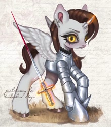 Size: 1121x1280 | Tagged: safe, artist:krol2501, derpibooru import, oc, alicorn, pony, alicorn oc, armor, blood, ear piercing, earring, female, horn, jewelry, magic, mare, piercing, rapier, spread wings, sword, telekinesis, unshorn fetlocks, weapon, wings