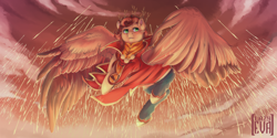 Size: 2000x1000 | Tagged: safe, artist:lazyeva, derpibooru import, pegasus, pony, arrow, clothes, flying, jewelry, kyle broflovski, male, ponified, regalia, solo, south park, south park: the stick of truth, species swap, spread wings, stallion, wings