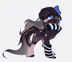 Size: 2365x2048 | Tagged: safe, artist:rexyseven, derpibooru import, oc, oc only, pony, bow, clothes, gray background, hair bow, simple background, socks, solo, striped socks