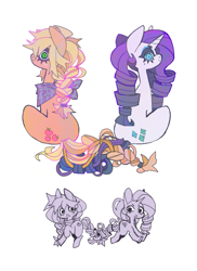 Size: 985x1353 | Tagged: safe, artist:cutesykill, derpibooru import, applejack, rarity, earth pony, pony, unicorn, g4, alternate accessories, alternate hairstyle, alternate tailstyle, bandana, beanbrows, beauty mark, big ears, blonde, blonde mane, blonde tail, blue eyes, blue eyeshadow, braid, braided tail, colored eyebrows, colored eyelashes, duo, duo female, ears, eyebrows, eyelashes, eyeshadow, female, freckles, frown, green eyes, hair tie, hatless, head turn, horn, intertwined tails, long mane, long tail, looking at you, looking back, looking back at you, makeup, mane tie, mare, missing accessory, neckerchief, no catchlights, orange coat, ponytail, profile, purple eyelashes, purple mane, purple tail, ringlets, running, sitting, slit eyes, smiling, smiling at you, spiky mane, symmetrical, tail, thick eyelashes, tied mane, tied tail, unicorn horn, unusual pupils, white coat, wide eyes