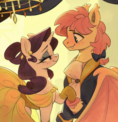 Size: 4000x4120 | Tagged: safe, artist:nookprint, derpibooru import, batterscotch, butterscotch, fluttershy, rarity, bat pony, pony, unicorn, g4, bat ponified, beauty and the beast, clothes, dress, evening gloves, fangs, female, flarity, flutterbat, gloves, half r63 shipping, holding hooves, horn, lidded eyes, long gloves, looking at each other, looking at someone, male, race swap, rariscotch, rule 63, shipping, smiling, straight, suit