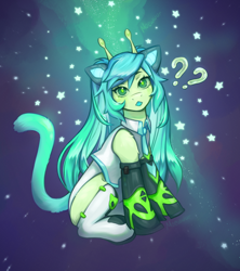 Size: 1600x1800 | Tagged: safe, artist:moewwur, artist:rin-mandarin, derpibooru import, alien, alien pony, pony, antennae, blue mane, cat ears, cat tail, clothes, crossover, female, full body, green eyes, green fur, hatsune miku, long hair, long sleeves, looking at you, mare, necktie, open mouth, pigtails, ponified, question, sitting, sleeveless, socks, solo, space, species swap, stars, tail, tongue, tongue out, vocaloid