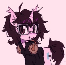 Size: 910x900 | Tagged: safe, artist:onionpwder, derpibooru import, oc, oc only, oc:canni enthusiast, bat pony, hybrid, unicorn, ahoge, bat pony unicorn, black hoodie, brown eyes, brown mane, brown tail, clothes, ear tufts, eye clipping through hair, glasses, head turn, headphones, hoodie, horn, light pink background, looking back, open mouth, open smile, pink background, pink coat, requested art, shiny mane, short mane, simple background, slit eyes, smiling, square glasses, tail, three quarter view, unicorn horn, unicorn oc