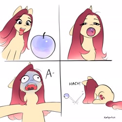 Size: 2048x2048 | Tagged: safe, artist:katputze, derpibooru import, oc, oc only, oc:crimson sunset, pony, unicorn, apple, asphyxiation, choking, choking hazard, comic, female, food, glass, horn, mare, solo, throat bulge