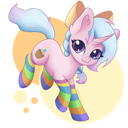 Size: 1500x1500 | Tagged: safe, artist:maravor, derpibooru import, oc, pony, unicorn, bow, clothes, female, hair bow, horn, mare, socks, solo, striped socks