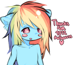 Size: 765x676 | Tagged: safe, artist:calmstate2, derpibooru import, rainbow dash, anthro, g4, blushing, bust, collarbone, followers, human shoulders, humanoid torso, milestone