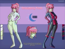 Size: 2733x2050 | Tagged: safe, artist:devillustart, derpibooru import, oc, oc only, oc:strawberry frost(fireverse), human, equestria girls, g4, alternate universe, boots, clothes, fireheart76's latex suit design, gloves, humanized, humanized oc, latex, latex boots, latex gloves, latex suit, prisoners of the moon, reference sheet, rubber, rubber boots, rubber gloves, rubber suit, shoes, solo