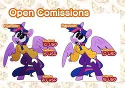 Size: 1310x923 | Tagged: safe, artist:opossum-stuff, derpibooru import, twilight sparkle, twilight sparkle (alicorn), alicorn, anthro, unguligrade anthro, g4, advertisement, bangs, big eyes, clothes, commission info, eye clipping through hair, female, frown, horn, looking up, mare, open frown, open mouth, orange text, pants, purple coat, small horn, solo, spread wings, starry eyes, straight mane, straight tail, sweater, three quarter view, three toned mane, three toned tail, turtleneck, turtleneck sweater, unicorn horn, wingding eyes, wings, yellow sweater