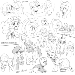 Size: 3000x3000 | Tagged: safe, artist:nekoshiei, artist:redruin01, derpibooru import, applejack, pinkie pie, princess celestia, princess luna, queen chrysalis, rarity, trixie, twilight sparkle, unicorn twilight, changeling, changeling queen, earth pony, pegasus, pony, unicorn, g4, beatnik rarity, beret, bipedal, bowtie, clothes, cross-popping veins, dress, drool, emanata, female, glowing, glowing horn, grayscale, hat, heart, heart eyes, high res, hoof hold, horn, male, mare, monochrome, phone, royal sisters, siblings, simple background, sisters, stallion, style emulation, sweater, tuxedo, varying degrees of want, white background, wingding eyes