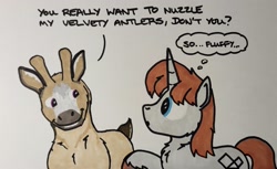 Size: 2047x1252 | Tagged: safe, artist:hoofclid, derpibooru import, oc, oc only, oc:hoofclid, deer, pony, unicorn, dialogue, duo, horn, male, marker drawing, stallion, thought bubble, traditional art, unshorn fetlocks