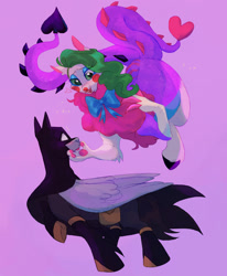 Size: 1400x1700 | Tagged: safe, artist:abbytabbys, derpibooru import, draconequus, pegasus, pony, alternate universe, antagonist, batman, batsuit, belt, blank eyes, blue bow, blue eyeshadow, blush lines, blushing, bodysuit, boots, cape, clothes, clown makeup, colored belly, colored chest fluff, colored claws, colored hooves, colored paw pads, colored pinnae, colored tail, cowl, dark belly, dc comics, draconequified, dragon tail, duo, duo male, emanata, eye clipping through hair, eyelashes, eyeshadow, floating, folded wings, frown, gay, girly, gray coat, green eyes, green hair, head turn, heart tail, hoof boots, hooves, large wings, lidded eyes, looking at each other, looking at someone, makeup, male, mask, mismatched legs, multiple tails, neck bow, non-mlp shipping, paw pads, paws, ponified, profile, purple background, purple hooves, purple tail, raised hoof, raised leg, shiny hair, shoes, simple background, smiling at someone, sparkles, sparkly body, sparkly tail, species swap, spikes, standing, standing on three hooves, superhero, superhero costume, surprised, tail, the joker, three quarter view, two tails, underpaw, utility belt, white fur, wings