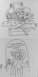 Size: 552x1105 | Tagged: safe, artist:greyscaleart, derpibooru import, edit, fluttershy, spike, dog, dragon, earth pony, pegasus, pony, g4, 2d, black and white, comic, cyrillic, dialogue, female, fluttershy steals animals, fluttershy's cottage, grayscale, house, implied police officer, knocking, male, mare, monochrome, onomatopoeia, open mouth, outdoors, police, police officer, russian, simple background, stallion, text, traditional art, translated in the description, translation, white background