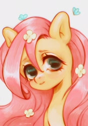 Size: 1668x2388 | Tagged: safe, artist:slemseva, derpibooru import, fluttershy, butterfly, pegasus, pony, g4, female, flower, flower in hair, mare, solo