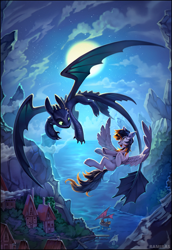 Size: 2314x3367 | Tagged: safe, artist:ramiras, derpibooru import, oc, oc only, dragon, pegasus, pony, backlighting, crossover, duo, flying, full moon, how to train your dragon, moon, night, night fury, outdoors, pegasus oc, toothless the dragon