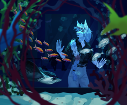 Size: 3150x2600 | Tagged: safe, artist:lontik, derpibooru import, oc, oc only, anthro, earth pony, fish, stingray, aquarium, braid, bubble, clothes, coral, crepuscular rays, female, seaweed, solo, sunlight, swimming, underwater, water