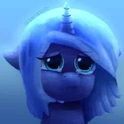 Size: 1000x1000 | Tagged: safe, artist:mystobright sky, derpibooru import, princess luna, pony, g4, bust, female, filly, foal, gradient background, horn, portrait, sad, solo, teary eyes, woona, younger