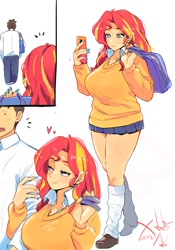 Size: 1400x2000 | Tagged: safe, artist:sozglitch, derpibooru import, sunset shimmer, oc, oc:generic messy hair anime anon, human, g4, 2d, big breasts, breasts, button-up shirt, canon x oc, cellphone, clothes, dress pants, dress shirt, duo, duo male and female, female, humanized, loafers, looking down, looking up, male, nail polish, nails, phone, pleated skirt, purple nails, school uniform, shipping, shirt, skirt, smartphone, straight, sunset jiggler, sweater vest, uniform