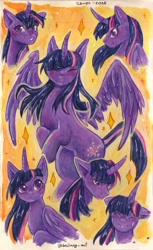 Size: 1485x2430 | Tagged: safe, artist:bailang, derpibooru import, twilight sparkle, twilight sparkle (alicorn), alicorn, pony, g4, curved horn, eyes closed, female, gouache, horn, mare, smiling, solo, spread wings, traditional art, wings