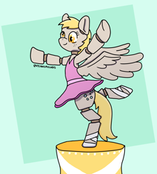 Size: 1800x2000 | Tagged: safe, artist:nerdynordic, derpibooru import, derpy hooves, pegasus, pony, g4, arabesque, arms out, ball jointed doll, ballerina, ballet slippers, clothes, derparina, doll, dollified, female, freckles, inanimate tf, mannequin, mare, music box, passepartout, signature, simple background, smiling, solo, spread wings, standing, standing on one leg, teal background, transformation, tutu, wings