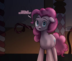 Size: 828x699 | Tagged: safe, artist:nightlyblossom, derpibooru import, pinkie pie, earth pony, pony, comic:pandemonia equina, g4, dialogue, female, mare, shocked, solo