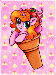 Size: 2250x3000 | Tagged: safe, artist:dariarchangel, derpibooru import, oc, oc only, oc:dazha, pony, unicorn, g4, adorable face, blue eyes, c:, cute, cute face, cute smile, daaaaaaaaaaaw, female, female oc, food, hairband, hooves, horn, ice cream, ice cream cone, mare, mare oc, ocbetes, orange hair, orange mane, passepartout, patterned background, pink coat, pony oc, small horn, smiling, smol, solo, sprinkles, strawberry, too cute, traditional art, unicorn oc, weapons-grade cute