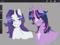 Size: 2048x1536 | Tagged: safe, artist:killektric, derpibooru import, rarity, twilight sparkle, twilight sparkle (alicorn), alicorn, pony, unicorn, g4, art program in frame, bedroom eyes, blushing, coat markings, duo, duo female, female, gray background, grin, horn, lesbian, lip bite, looking at each other, looking at someone, rarilight, redesign, shipping, simple background, smiling, wide eyes