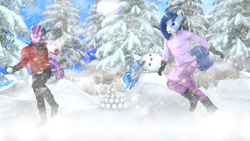 Size: 3840x2160 | Tagged: safe, artist:unie, dusk shine, shining armor, twilight sparkle, oc, oc:crystal glaze, oc:feathertrap, alicorn, anthro, plantigrade anthro, unicorn, boots, clothes, gloves, horn, jacket, rule 63, shoes, snow, snowball, snowball fight, snowman, tree