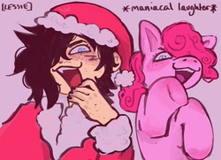 Size: 2000x1446 | Tagged: safe, artist:lessielamester, derpibooru import, pinkie pie, earth pony, human, pony, g4, christmas, clothes, costume, crossover, duo, female, hat, holiday, laughing, male, mare, mcyt, mystreet, santa costume, santa hat, simple background, zane (mystreet)