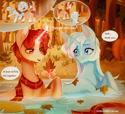 Size: 3386x3100 | Tagged: safe, artist:noemint, derpibooru import, oc, oc only, oc:fresh mintshine, pony, unicorn, autumn, clothes, duo, female, horn, magic, male, mare, outdoors, scarf, stallion, telekinesis, tripping, water, wet