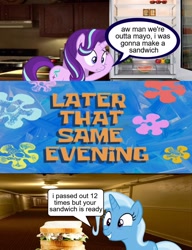 Size: 886x1156 | Tagged: safe, derpibooru import, edit, starlight glimmer, trixie, pony, unicorn, g4, 12, comic, dialogue, female, food, horn, lesbian, mare, mayonnaise, meme, my little pony: friendship is magic, real life background, refrigerator, sandwich, sauce, shipping, smiling, smiling at someone, spongebob squarepants, spongebob time card, startrix