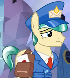 Size: 973x1080 | Tagged: safe, derpibooru import, screencap, proper postal, crystal pony, pony, g4, the parent map, bag, clothes, cropped, hat, letter, mailpony, mailpony uniform, male, my little pony: friendship is magic, saddle bag, solo, stallion, unsure