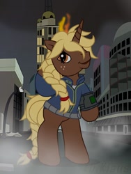 Size: 960x1280 | Tagged: safe, artist:xd.klaus, derpibooru import, oc, oc only, oc:kesha, unicorn, fallout equestria, g3, city, equestrian wasteland, fallout, horn, outfit, solo