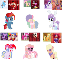 Size: 750x720 | Tagged: safe, artist:foxfinite, derpibooru import, applejack, fluttershy, pinkie pie, rainbow dash, rarity, twilight sparkle, twilight sparkle (alicorn), oc, alicorn, earth pony, pegasus, pony, rabbit, unicorn, g4, adoptable, ambiguous gender, animal, bowtie, braces, bunny ears, caine (tadc), colt, crossover, crying, doll, female, filly, foal, fusion:caine (tadc), fusion:gangle, fusion:jax (tadc), fusion:pomni, fusion:ragatha, fusion:zooble, gangle, gritted teeth, hat, heterochromia, horn, hybrid oc, jax (tadc), jester, jester hat, male, mane six, mare, mask, pomni, ragatha, ragdoll, smiling, stallion, teeth, the amazing digital circus, toy, zooble