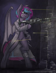 Size: 2500x3235 | Tagged: safe, artist:blvckmagic, derpibooru import, oc, oc only, oc:cloud twist, alicorn, bat pony, bat pony alicorn, unicorn, bandage, bandaged leg, bat pony oc, bat wings, belly, bipedal, commission, gun, handgun, horn, not zipp storm, pistol, solo, tranquilizer, weapon, wings