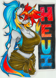 Size: 2260x3122 | Tagged: safe, artist:paintedcora, derpibooru import, oc, oc only, oc:heui, anthro, unicorn, badge, bonerblockingbadge, breasts, cleavage, clothes, con badge, horn, ponytail, solo, traditional art