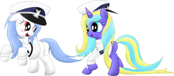 Size: 7461x3252 | Tagged: safe, artist:jetwave, derpibooru import, oc, oc only, oc:dawn, oc:sona, pony, unicorn, female, filly, foal, horn, navy uniform, simple background, transparent background