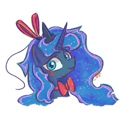 Size: 3200x3200 | Tagged: safe, artist:boxwari, derpibooru import, princess luna, alicorn, pony, g4, blushing, bow, bowtie, bust, cute, female, hair bow, high res, looking at you, lunabetes, mare, portrait, ribbon, signature, simple background, smiling, smiling at you, solo, three quarter view, white background