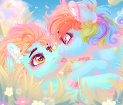 Size: 2700x2300 | Tagged: safe, artist:roselord, artist:roses, derpibooru import, lightning dust, rainbow dash, pegasus, pony, g4, :p, cute, day, female, flower, happy, holiday, lesbian, love, outdoors, pink, rainbowdust, shipping, tongue, tongue out, valentine, valentine's day