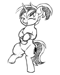 Size: 2400x3000 | Tagged: safe, artist:mkogwheel, derpibooru import, oc, oc only, oc:tall tale, pony, unicorn, bipedal, black and white, eyes closed, female, grayscale, horn, mare, monochrome, open mouth, open smile, simple background, sketch, smiling, solo, white background