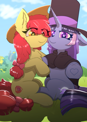 Size: 2894x4093 | Tagged: safe, artist:skylarty, derpibooru import, apple bloom, oc, oc:flawless sparklemoon, earth pony, pony, unicorn, g4, applejack's hat, bow, chest fluff, clothes, cowboy hat, cute, duo, ear fluff, ears, eye clipping through hair, female, fusion, fusion:trixie, fusion:twilight sparkle, fusion:twixie, grass, grass field, hair bow, hat, heart, heart eyes, hoof heart, horn, hug, human shoulders, mare, ocbetes, older, older apple bloom, outdoors, pointing at you, sitting, sky, starry eyes, underhoof, wingding eyes