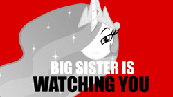 Size: 1366x768 | Tagged: safe, anonymous artist, derpibooru import, princess celestia, alicorn, pony, g4, 1984, big brother is watching, big sister, crown, female, jewelry, lidded eyes, looking at you, mare, poster, propaganda, red background, regalia, simple background, solo, staring at you, staring into your soul, tyrant celestia